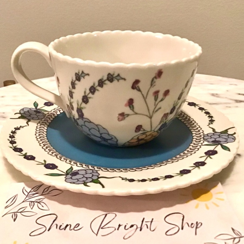 Anthropologie Turkuaz Kitchen Teacup and Saucer Handpainted Stoneware NIB NWT